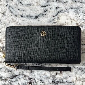 Tory Burch Black Zip Wallet with Gold Emblem